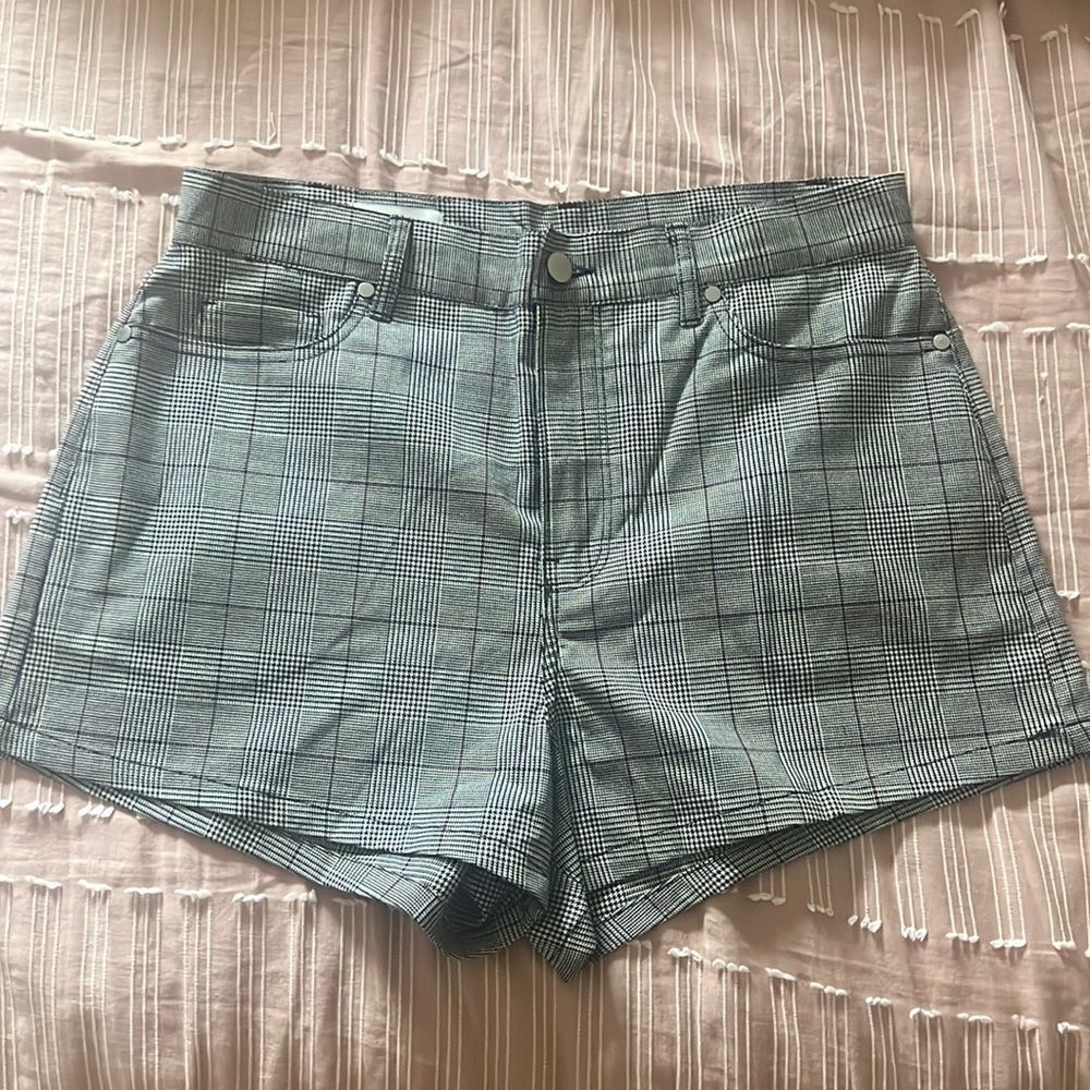 NWOT BLDWN Brie denim gray plaid checked shorts 29 